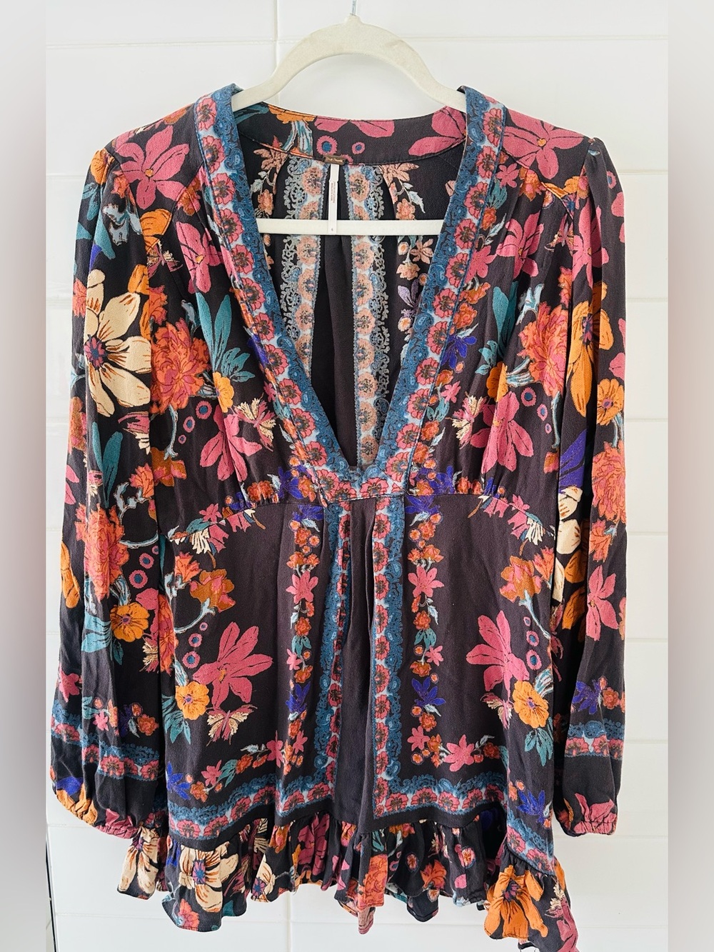 Free People Women's Floral V-Neck Boho Tunic Top